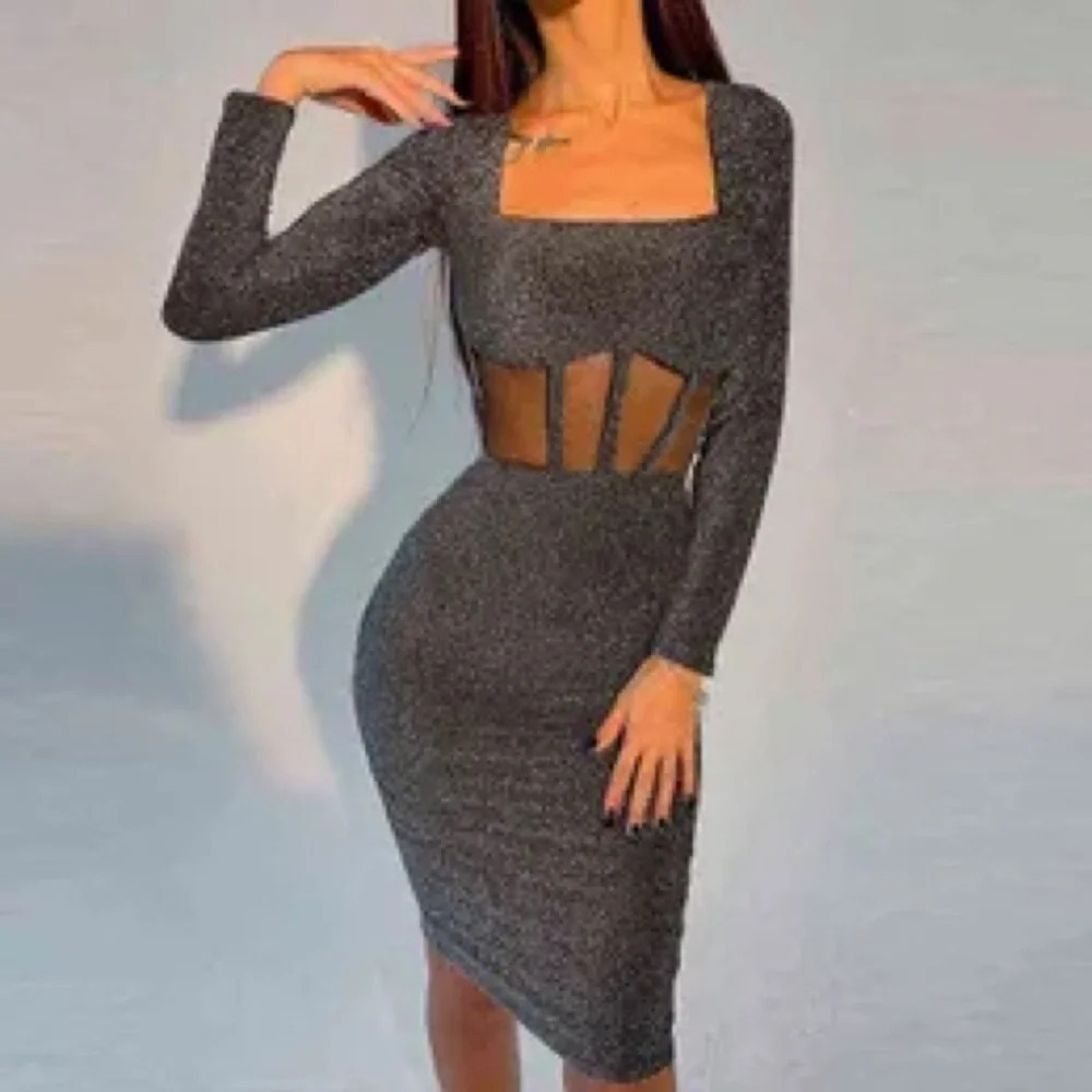 NWT Square Neck shiny long sleeve bodycon dress